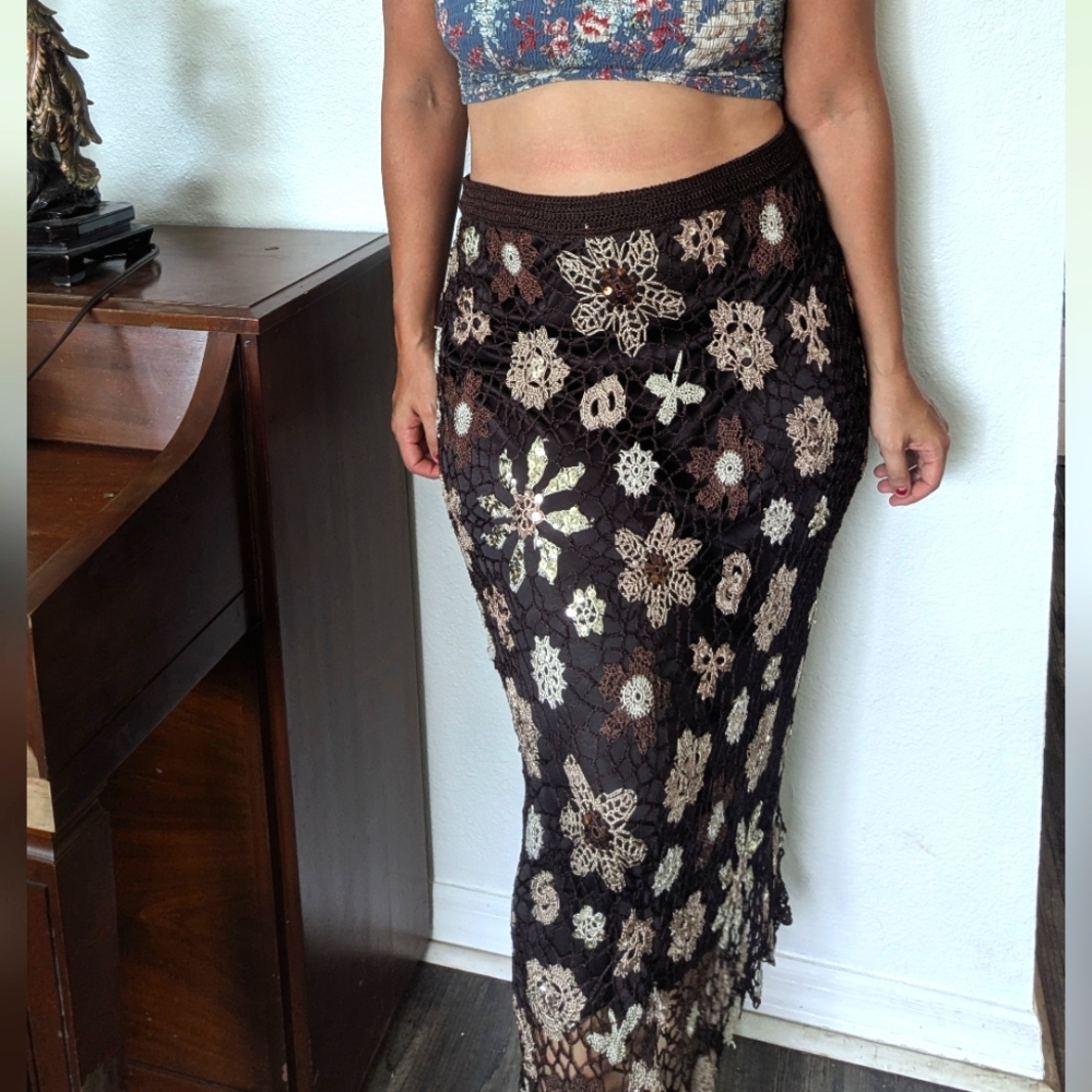 Vintage 90s Y2K Crochet And Sequin Bohemian Skirt